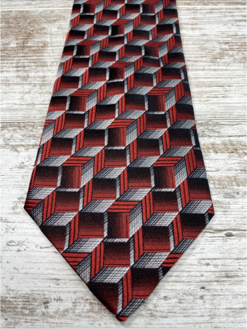 Vintage 1990s Fratelli Moda Italian Silk Tie 3D Geometric Cube Red Black Gray